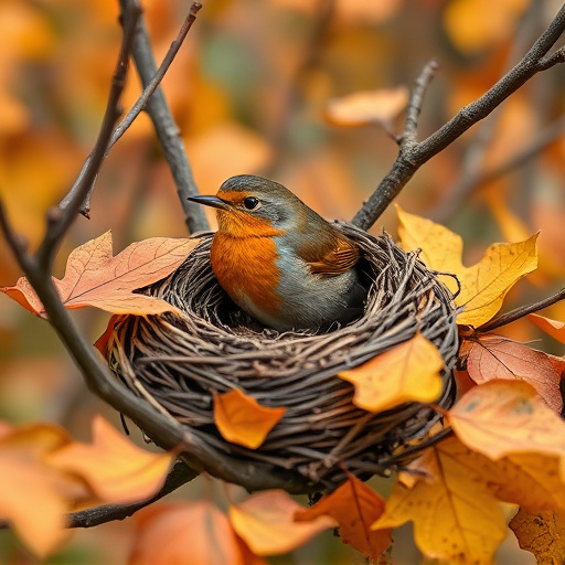 Robin nest hidden in autumn leaves