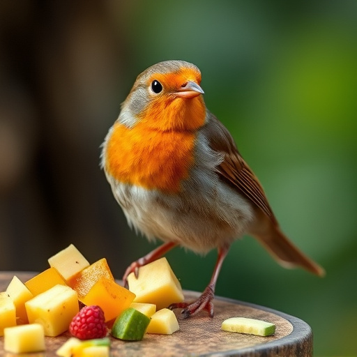 Robin nibbling on chopped fruit pieces