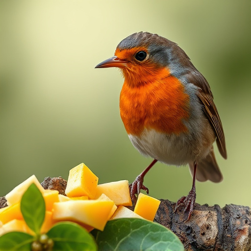 Robin nibbling on chopped fruit pieces