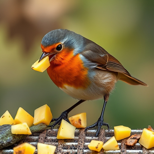 Robin nibbling on chopped fruit pieces