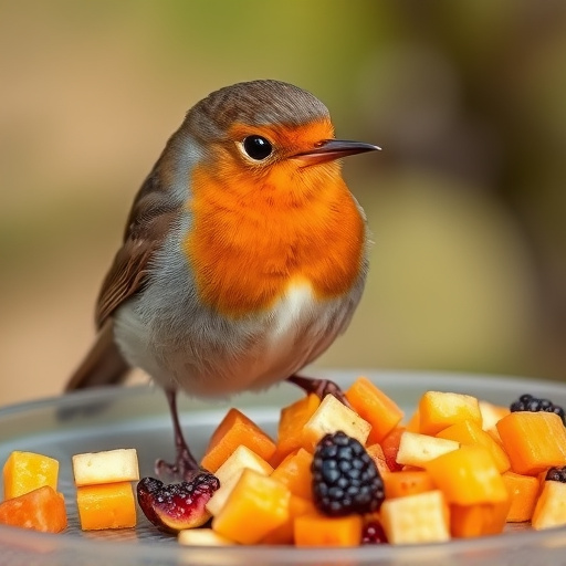 Robin nibbling on chopped fruit pieces