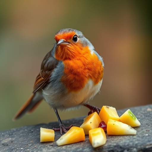 Robin nibbling on chopped fruit pieces