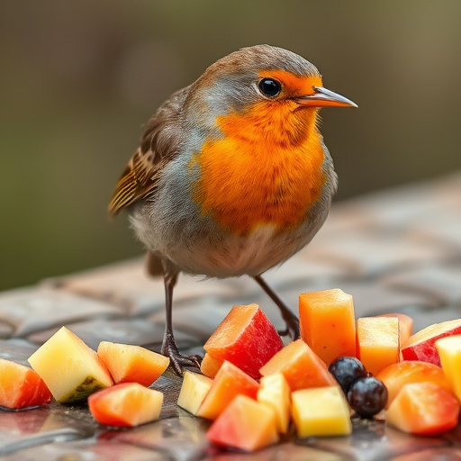 Robin nibbling on chopped fruit pieces