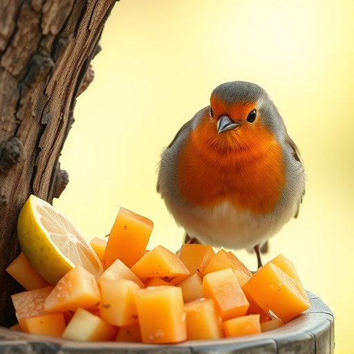 Robin nibbling on chopped fruit pieces