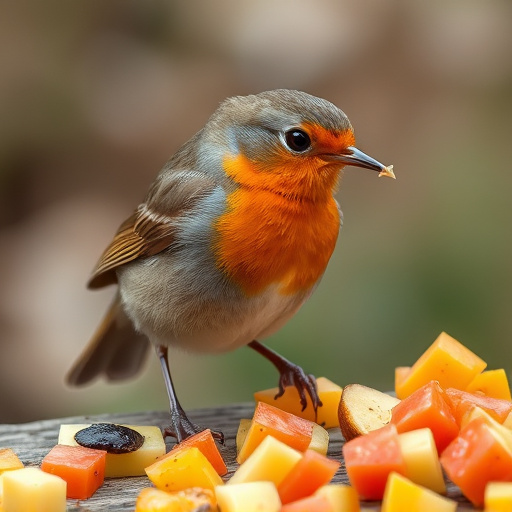 Robin nibbling on chopped fruit pieces