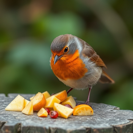 Robin nibbling on chopped fruit pieces