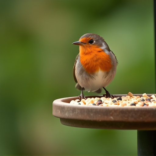Robin on bird table with suet pellets