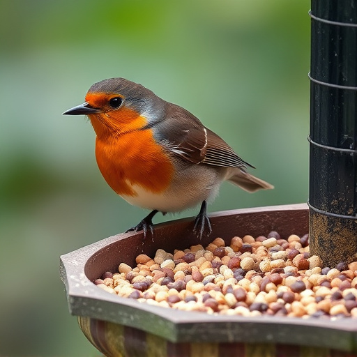 Robin on bird table with suet pellets
