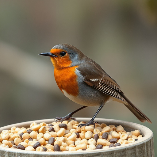 Robin on bird table with suet pellets