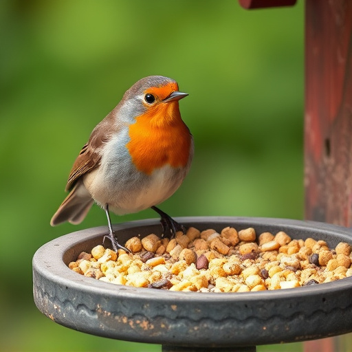 Robin on bird table with suet pellets