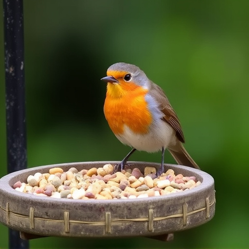 Robin on bird table with suet pellets