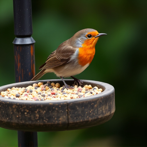 Robin on bird table with suet pellets