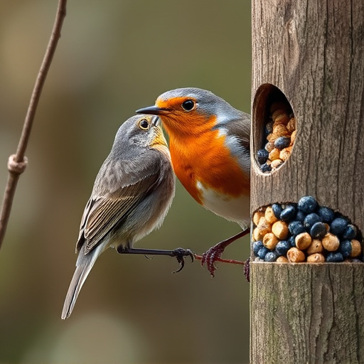 Robin pecking at suet pellets