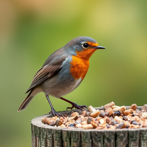 Robin pecking at suet pellets