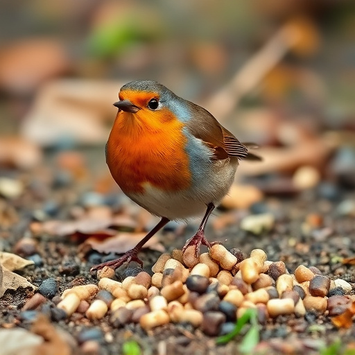 Robin pecking at suet pellets on ground