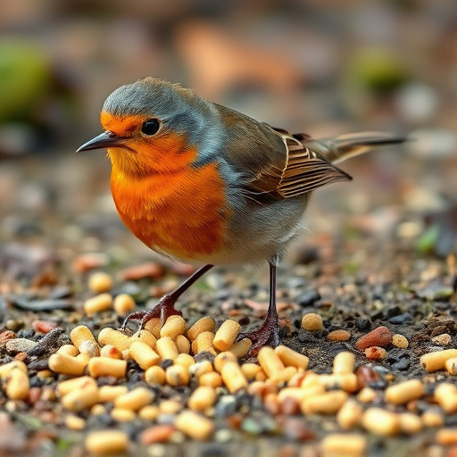 Robin pecking at suet pellets on ground