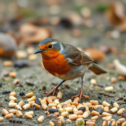 Robin pecking at suet pellets on ground