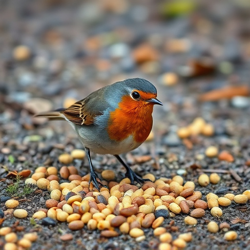 Robin pecking at suet pellets on ground