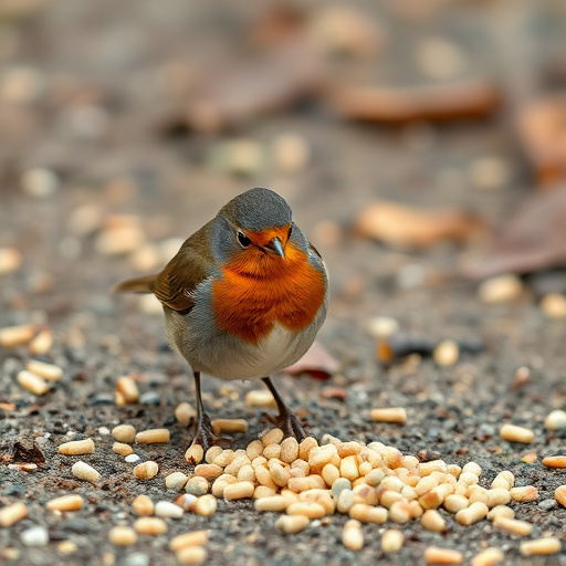 Robin pecking at suet pellets on ground