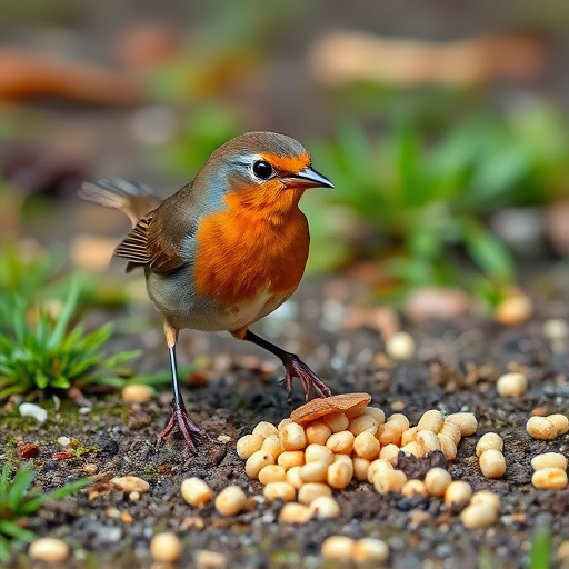 Robin pecking at suet pellets on ground