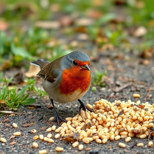 Robin pecking at suet pellets on ground