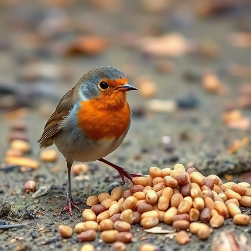 Robin pecking at suet pellets on ground