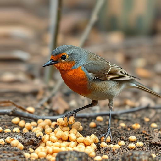 Robin pecking at suet pellets on ground