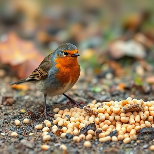 Robin pecking at suet pellets on ground