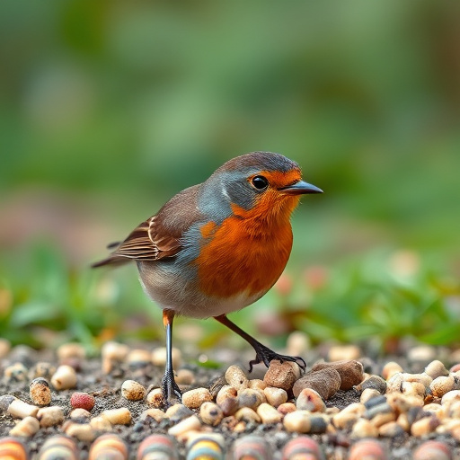 Robin pecking at suet pellets on ground