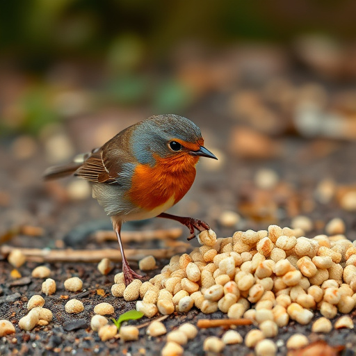 Robin pecking at suet pellets on ground