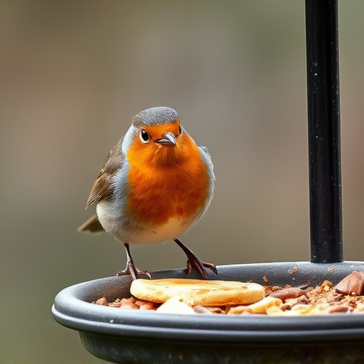 Robin pecking food from bird table