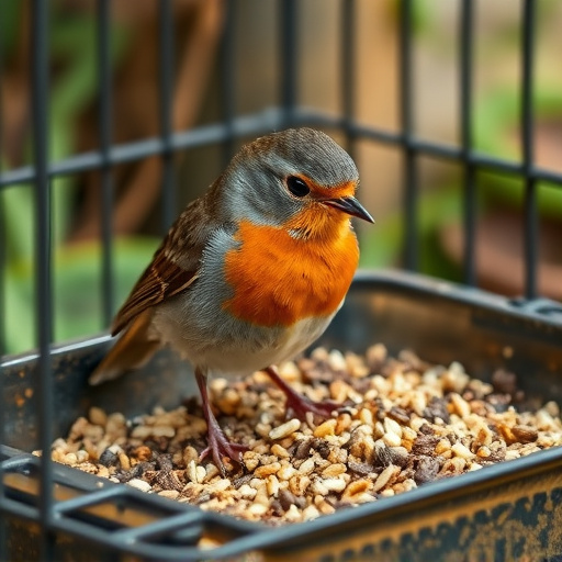 Robin pecking seed inside caged tray