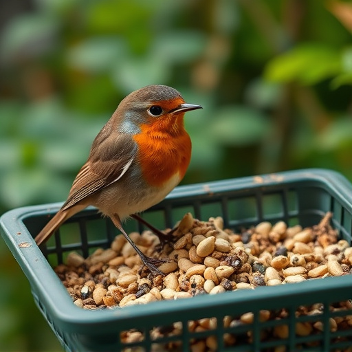 Robin pecking seed inside caged tray