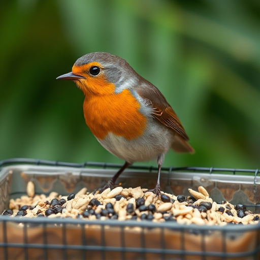 Robin pecking seed inside caged tray