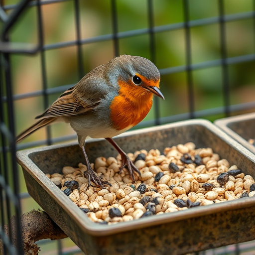 Robin pecking seed inside caged tray