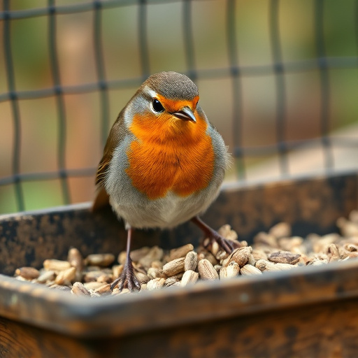 Robin pecking seed inside caged tray