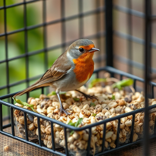 Robin pecking seed inside caged tray
