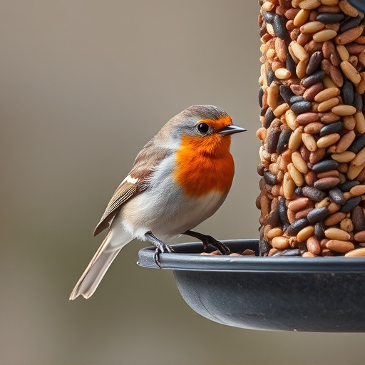 Robin perched beside a seed feeder