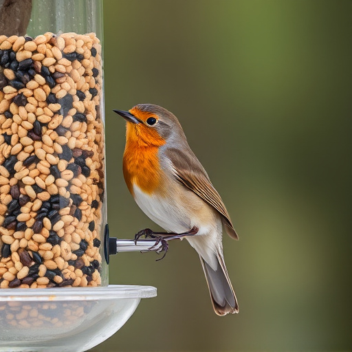 Robin perched beside a seed feeder