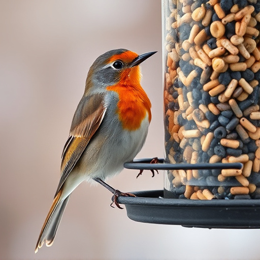 Robin perched beside a seed feeder