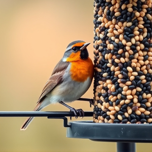 Robin perched beside a seed feeder
