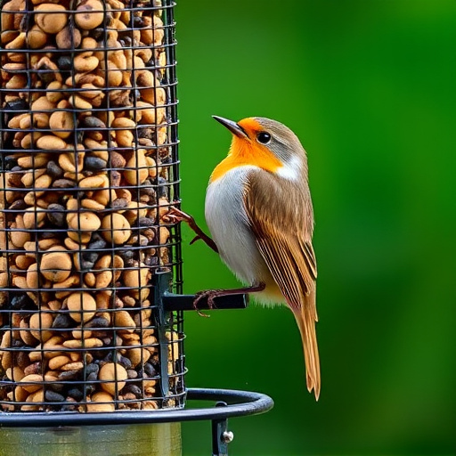 Robin perched beside a seed feeder