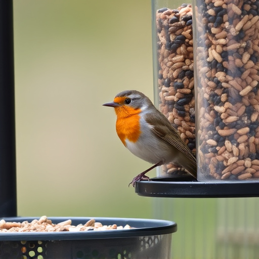Robin perched beside a seed feeder