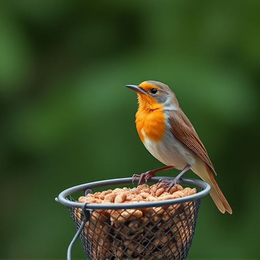 Robin perched beside mesh mealworm feeder