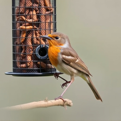 Robin perched beside mesh mealworm feeder