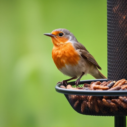 Robin perched beside mesh mealworm feeder