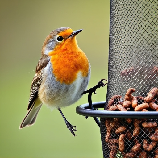 Robin perched beside mesh mealworm feeder