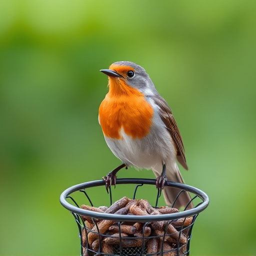 Robin perched beside mesh mealworm feeder