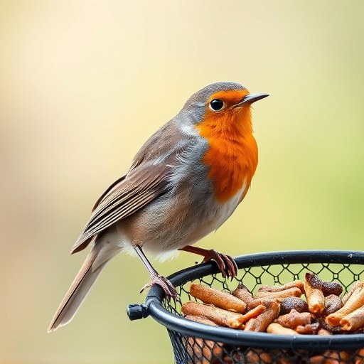 Robin perched beside mesh mealworm feeder