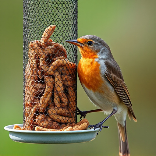 Robin perched beside mesh mealworm feeder